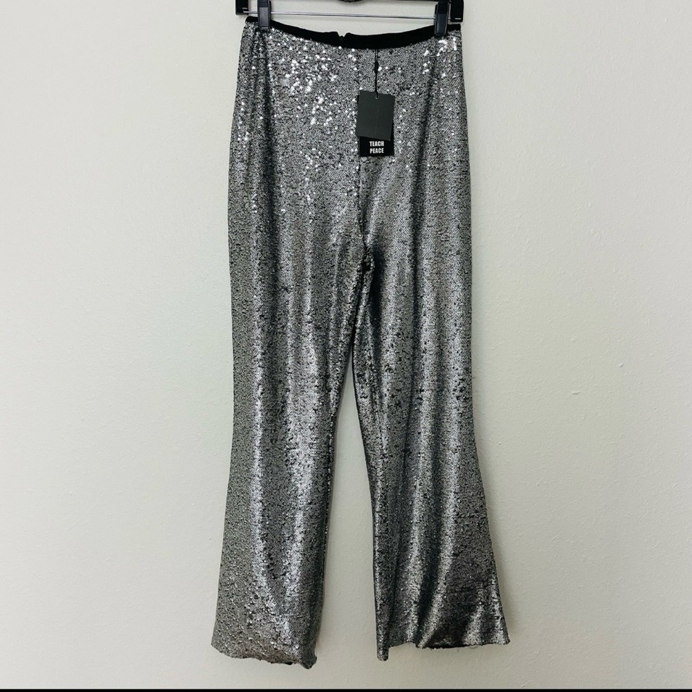 Native Rose Silver Sequin High Waisted Flared Pants